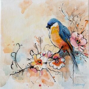 Original Bird Painting on Canvas, Floral Art